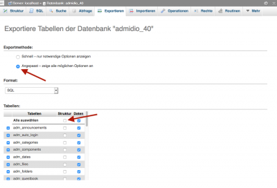 Exporteinstellungen 1 von phpMyAdmin