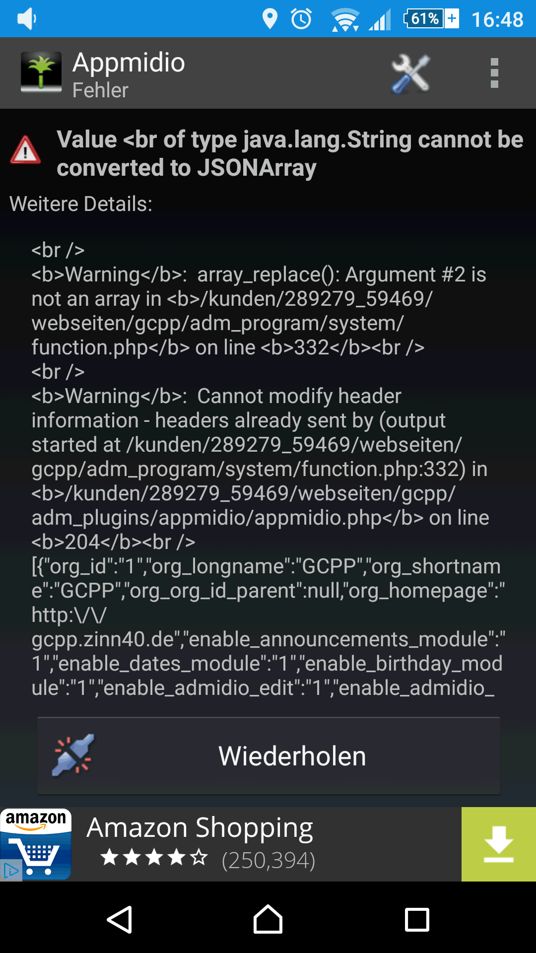 Fehlermeldung auf dem Android Smartphone