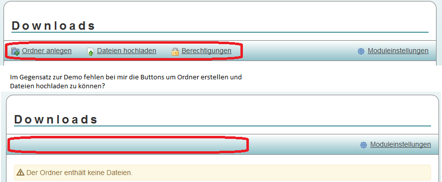 Fehlende Buttons im Downloadbereich